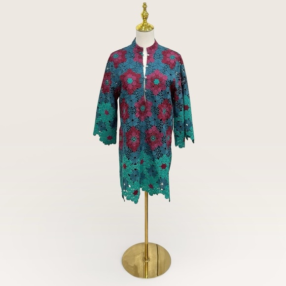 j. marie Dresses & Skirts - J. Marie Asher XS Floral Lace 3/4 Sleeve Kaftan Short Dress Wine/Blue/Green NWT
